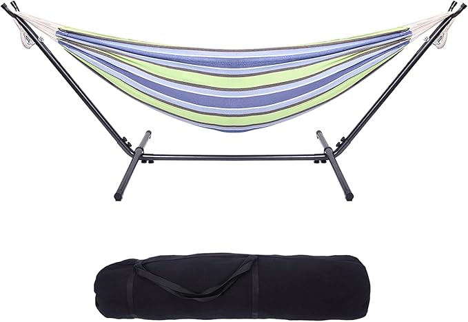 Hammock with Stand for Outside, Camping Hammock with Carry Bag, 250 Lbs Capacity, Polyester Fabric & Metal Frame, 102.3" x 41.33" x 39.37", Suitable for Patios, Gardens and Beaches, Green Stripes