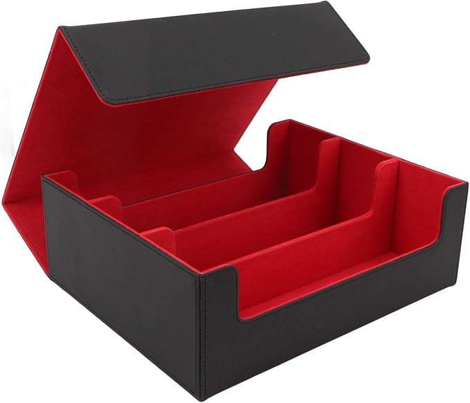 RiToEasysports Card Deck Box, 3 Rows Large Capacity Magnetic Closure Card Deck Case PU Leather Divider Box Storage Case for Game Cards Tarot Cards (Black Shell with Red