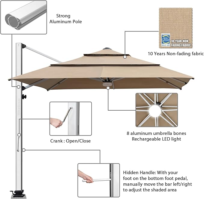 EliteShade USA APOLLO 3-Tier 10x10FT Full Aluminum Cantilever Patio Umbrella for Outdoor restaurant Garden Courtyard Deck Pool and Marketing with Light,Heather Beige