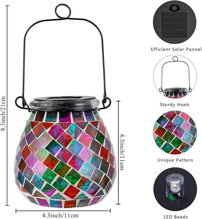 Stargarden 2 Pack Mosaic Solar Lanterns Outdoor Waterproof, Colorful Glass Hanging Lantern Decorative Solar Lights for Yard, Patio, Lawn, Gaden Decor