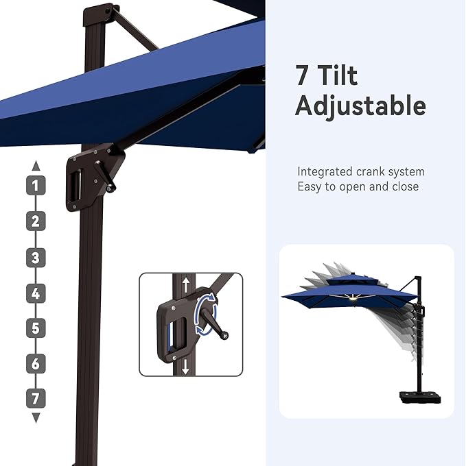 10' X 13' Cantilever Patio Umbrella with Base Included and Led Lights Double Top Rectangular Outdoor Large Offset Umbrellas with 7 Tilts Adjustable 360°Rotation for Deck Pool Garden Backyard, Navy