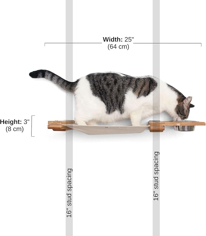 Catastrophic Creations Cat Feeder Lounge w/Cat Hammock — Natural Bamboo Cat Wall Furniture — Wall Mounted Cat Feeder — Highly Customizable, Cat Tested & Approved (25 Inch)
