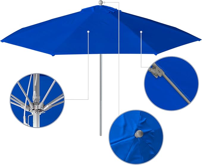 California Umbrella 11Ft Commercial Grade Sunbrella Fabric Market Umbrella, Pulley Lift, Aluminum/Fiberglass, 2mm pole wall, Silver Frame, Pacific Blue Fabric