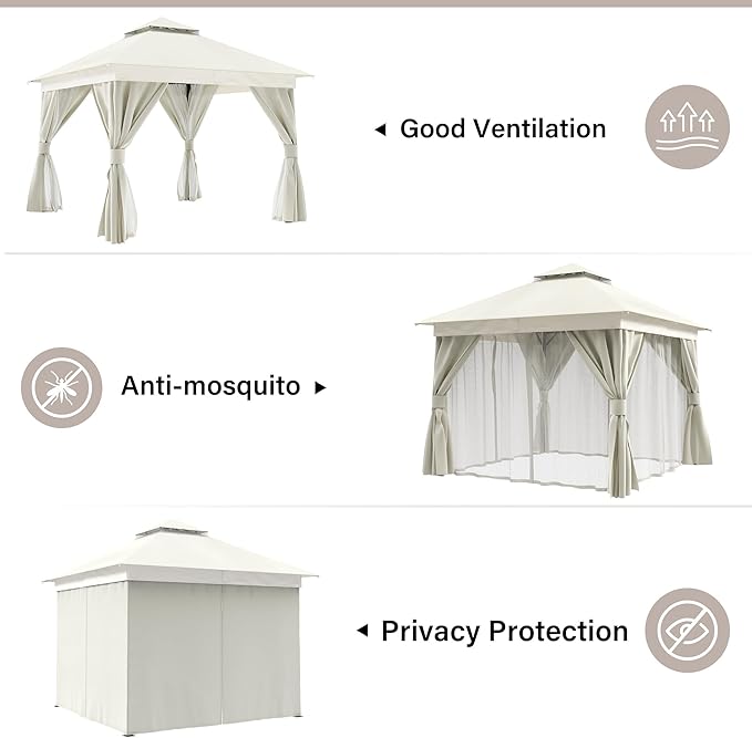LAUSAINT HOME Patio Gazebo 10'x10', Outdoor Heavy Duty Party Tent Shelter with Double Roofs, Mosquito Nettings and Privacy Screens for Backyard, Garden, Lawn, Cream White