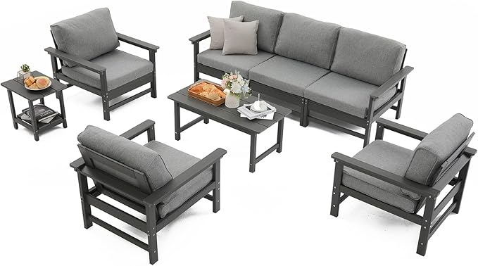 HDPE Outdoor Patio Furniture Set with Cushions, X Piece Patio Conversation Set Sofa Set, All Weather Outdoor Couch Set (Grey Frame/Grey Cushion, 8-Piece Set w/1+3+1+1+Coffee & Side Table)