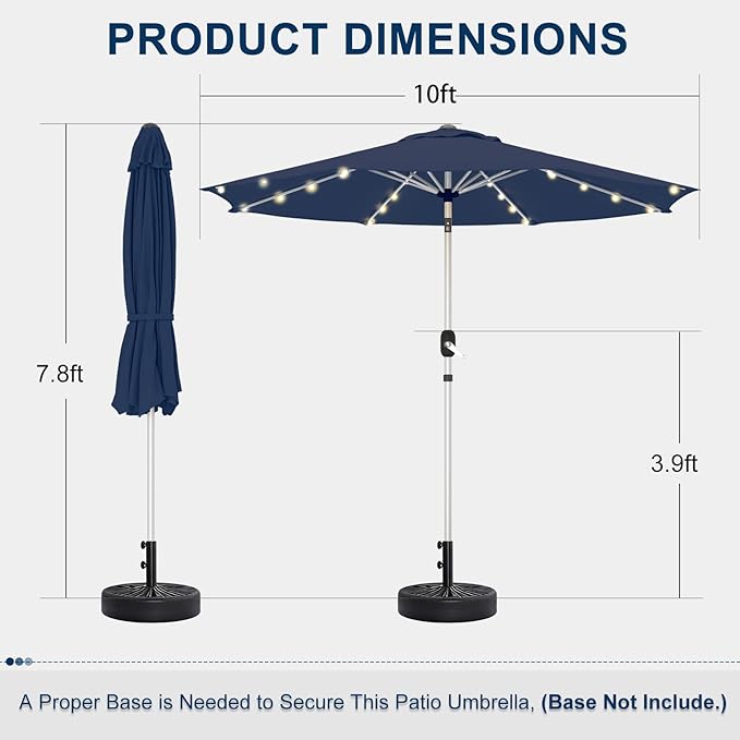 10FT 40-LED Solar Lighted Aluminum Patio Umbrella, Fade-Resistant Outdoor Market Table Umbrella with Push Button Tilt Function, 8 Sturdy All-Aluminum Ribs for Gardens, Decks, Backyards & Pools