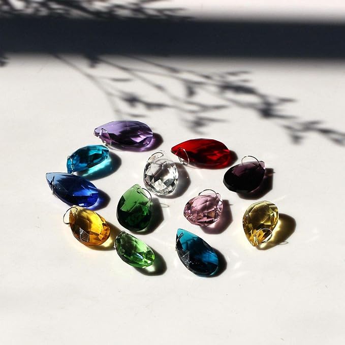 12 Pcs 38mm Multi-Color Crystal Prism Suncatcher Window Decor | Multi-Color Feng Shui Faceted Crystal Grid Prism 38mm Suncatcher Pendant Set of 12 for Window Chandelier Garden Wedding Decor