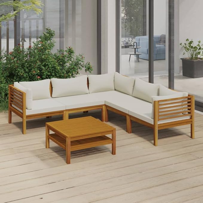 Patio Lounge Set with Cream Cushion,Patio Furniture Sets,Patio Conversation Sets,Outdoor Furniture Sets,for Garden,Backyard,Outdoor,6 Piece Solid Acacia Wood