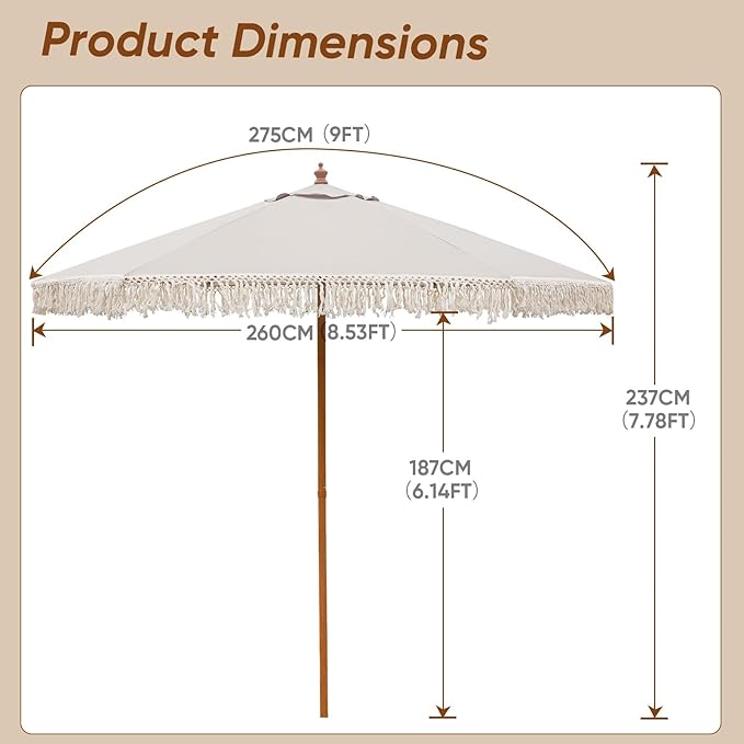 9 FT Patio Umbrella with Fringe,Fringe Portable Beach Umbrella,Heavy-Duty Metal Frame,6 Ribs with Ventilated Canopy,UV Protection & Waterproof, Suitable for Garden,Deck,Pool,Patio Table
