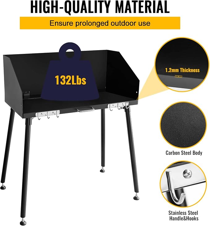 Carbon Steel Camp Cooking Table,38x16 Inch Heavy Duty Dutch Oven Table,with Three-Sided Windscreen and Four Legs for Grill Travel Table Outdoor Picnic,Beach,BBQ,Backyards