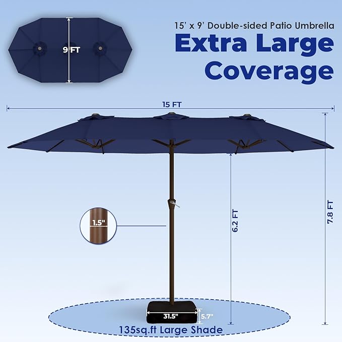 BRIOPAWS 15-FT-Large-Patio-Umbrella-with-Base | Double-Sided | Outdoor Table Umbrellas | w/Crank Handle | 12 Sturdy Fiberglass Rib | UV-Protection | for Garden Deck Backyard Pool | Navy Blue