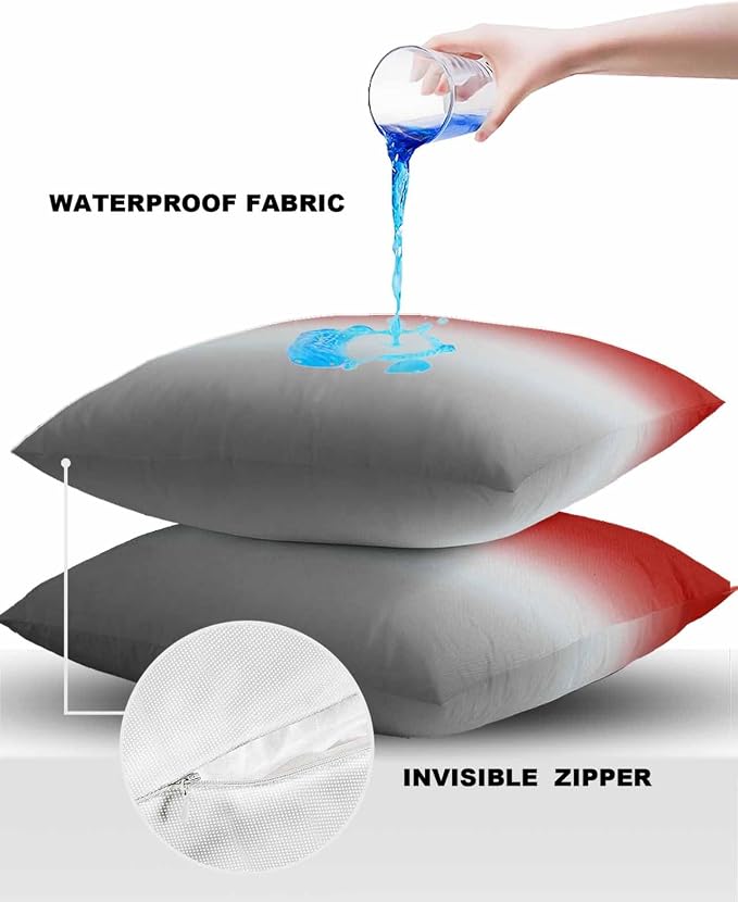 Outdoor Waterproof Throw Pillow Covers Set of 2 Red Grey Ombre Pillowcases 16x16 Inches Gradient Gradual Color Patio Decorative Pillows Cushion Case Patio Pillows for Couch Bed Chair Garden