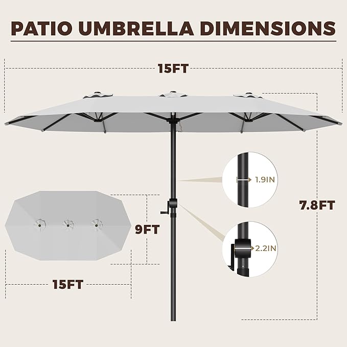 GDPFN 15FT Large Patio Umbrella, Outdoor Deck Standing Umbrella with Crank Handle, Double-Side Rectangular Pool Umbrella for Outside, Market, Patio, Light Gray (Base Not Include)