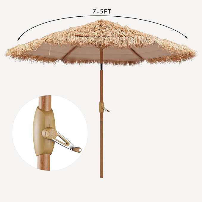 GDY 7.5ft Tiki Patio Umbrella, Outdoor Table Umbrella with Crank, Market Umbrellas for Garden, Beach, Deck, Backyard & Pool