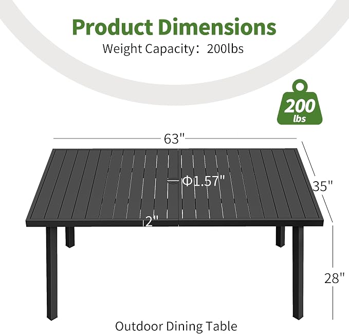 63"x35" Never-Rust Aluminum Outdoor Dining Table – Rectangular Patio Table for 6 with Umbrella Hole, Heavy Duty All-Weather for Poolside, Garden, Backyard, Porch, Deck, Black
