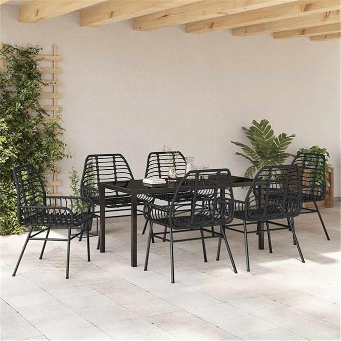 Afuera Living 7 Piece Poly Rattan Garden Dining Set, Black Finish, Weather-Resistant UV-Protected Materials, Glass Table Top, Comfort Seating, Modern Outdoor Patio Dining Furniture for Garden or