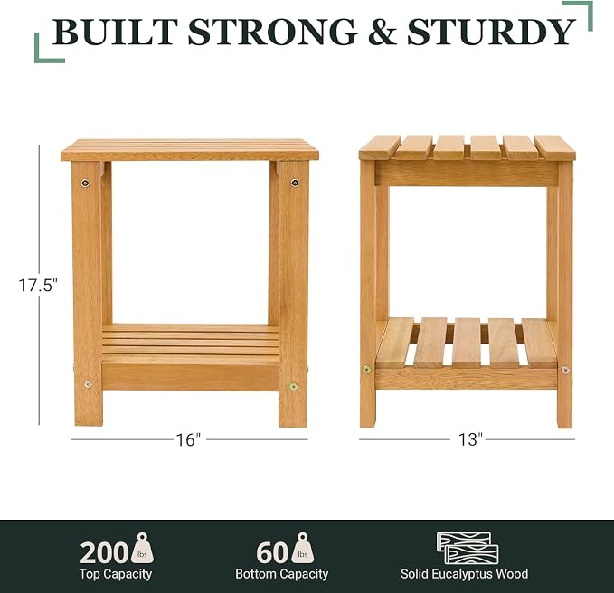 Premium 2-Tier Eucalyptus Wood Side Table with Slatted Storage Shelf, 13" x 16" x 17.5", Wooden Accent Table for Living Room, Entryway or Bedside (Golden)