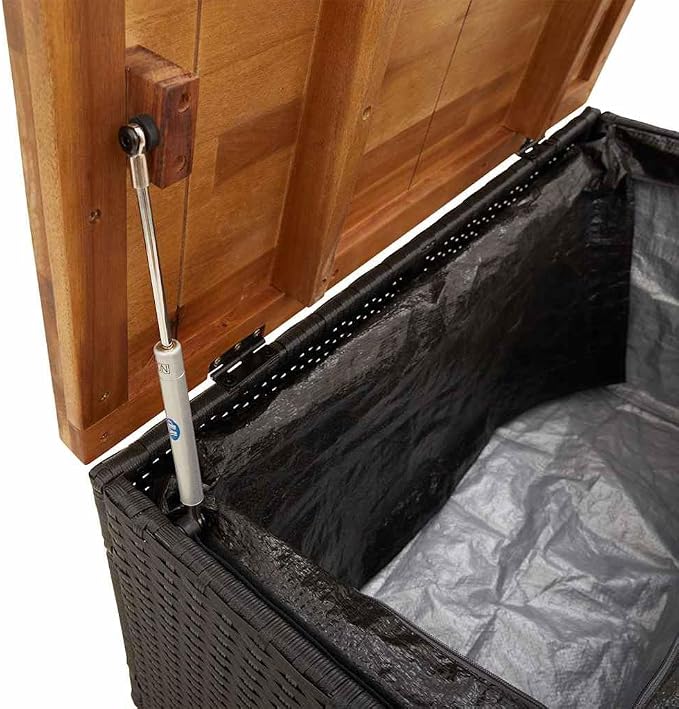 Garden Storage Box Black and Brown,Modern Garden Storage Box with Gas Spring Lid Durable Poly Rattan & Acacia Wood Construction for Indoors/Outdoors Storage Boxes