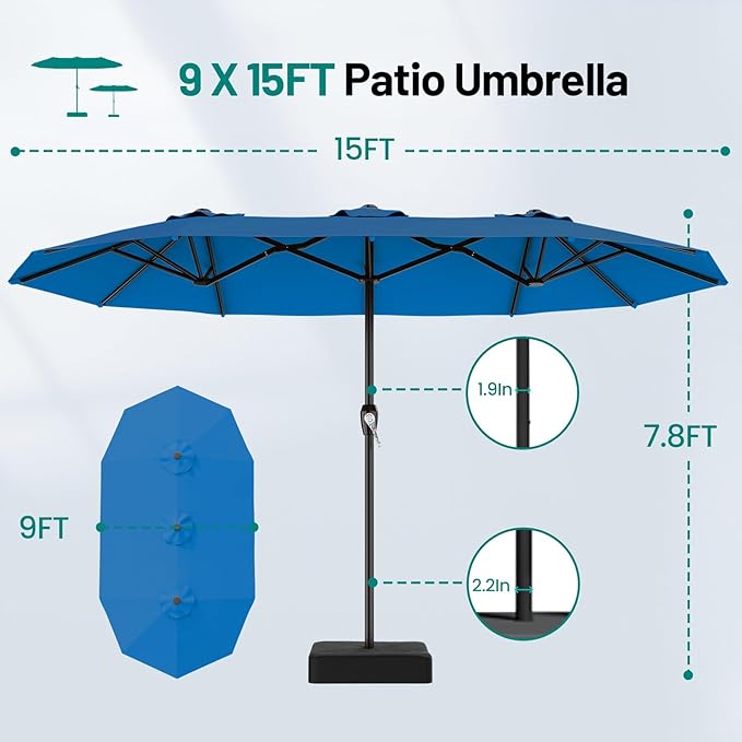 AreShark 15FT Outdoor Patio Umbrella with Crank, Large Rectangular Market Umbrella, Double-Sided Outdoor Umbrellas with Cross Base & Sandbag for Porch, Lawn, Pool, Backyard, Royal Blue