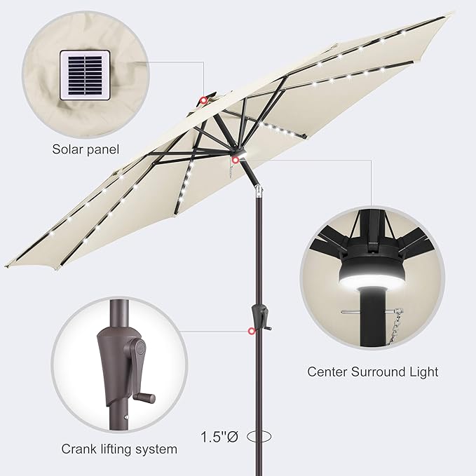 11ft Solar Umbrella Outdoor - Lighted Solar Patio Umbrella with 40 LED Lights Waterproof UV Protection, Table Umbrella with Tilt for Pool, Porch, Garden, Deck, Backyard - Ivory