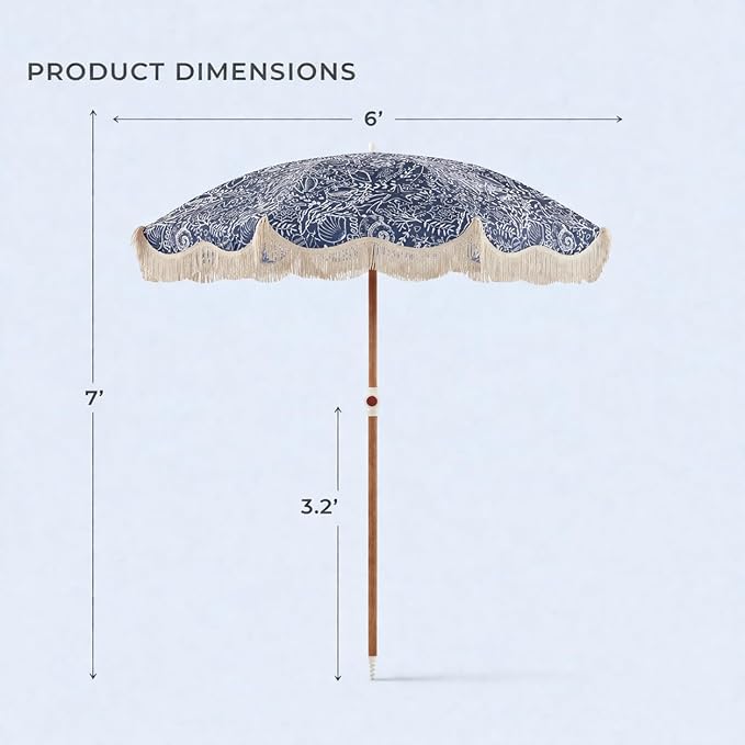6FT Fringe Beach Umbrella for Sand, Boho Coastal Patio Umbrella with Tassels, UPF 50+ Sun Protection, Tilt, Carry Bag for Beach Vacation & Pool, Reef Indigo