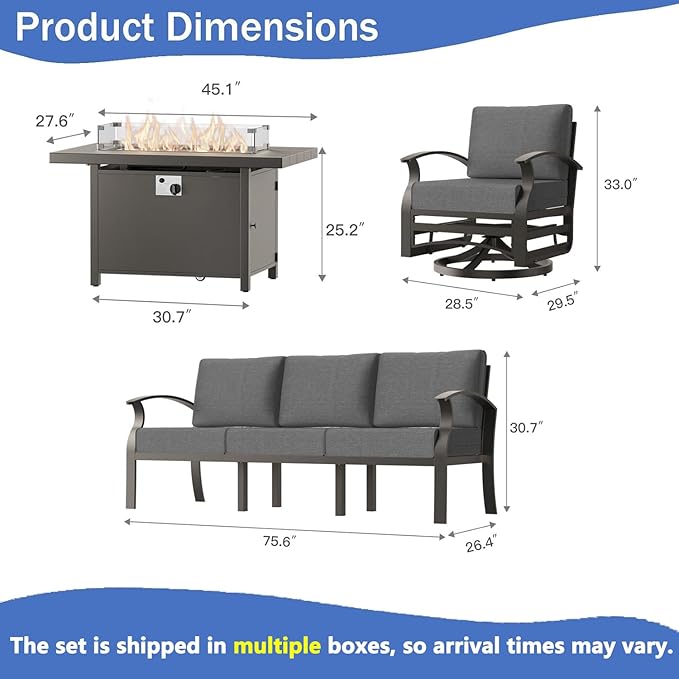 Aluminum Outdoor Patio Furniture Set,4 Pieces 5 Seats Patio Conversation Sets with 45" Propane Fire Pit Table,Metal Patio Sectional Furniture Set with 2 Swivel Rocking Chairs,Grey