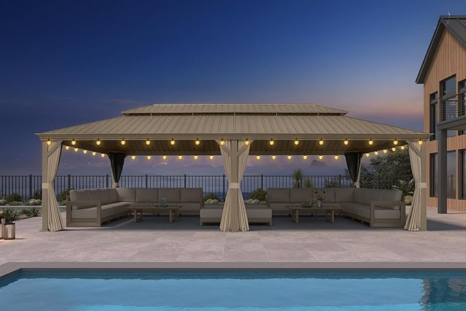 PURPLE LEAF Outdoor Gazebo 14'X28'，Champagne Hardtop Gazebo with Galvanized Steel Double Roof, Permanent Patio Gazebo with Curtains and Netting for Patio Lawn Garden and Deck