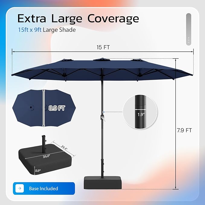 AECOJOY 15x9ft Patio Umbrella with Base Included, Outdoor Double-Sided Rectangle Umbrella with Crank Handle, Market Umbrella for Deck Pool Patio Garden(1.9" Pole, Navy)