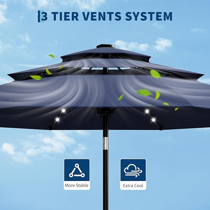 Garvee 10Ft 3-Tier Solar Patio Umbrella with LED Lights, Outdoor Table Umbrella with Vents, Easy Crank and Push Button Tilt, Market Umbrella with 8 Sturdy Ribs for Pool, Deck, Yard, Garden -Navy Blue
