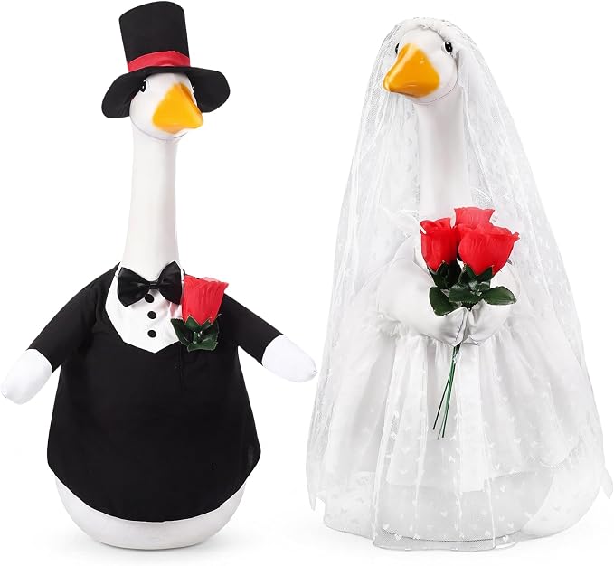 Geyoga 2 Sets Wedding Porch Goose Outfits for 23'' Goose Couple Bridegroom Suit Blazer Bride Wedding Dresses Couple Costume(Flower Style)