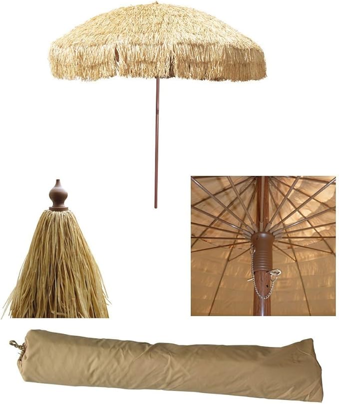 Hula Thatched Tiki Umbrella Tropical Palapa Raffia Tiki Hut Hawaiian Patio Umbrella with Fringe Boho Parasol 6' 8' & 9' Options