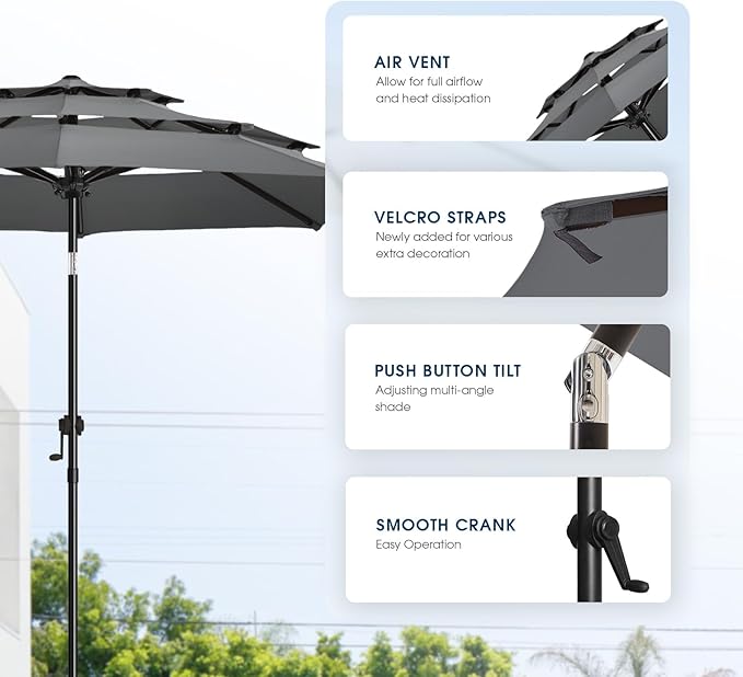 wikiwiki 10ft 3-Tier Patio Umbrella Outdoor Table Market Umbrella for Patio with Push Button Tilt/Crank, Fade Resistant Waterproof POLYESTER Canopy for Garden, Lawn, Deck, Backyard & Pool, Dark Gray