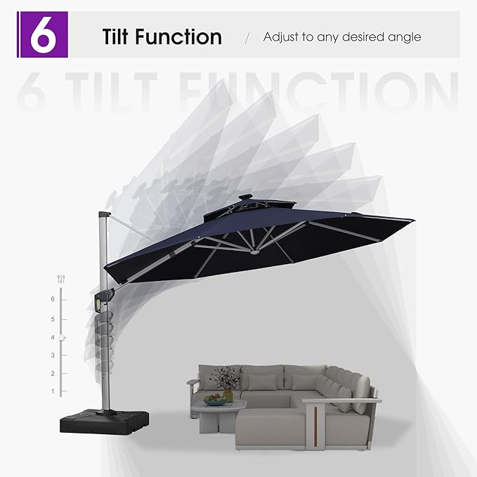 PURPLE LEAF Cantilever Umbrella with Base 13ft Outdoor Round Patio Solar Powered LED Umbrella with 360-degree Rotation for Garden Deck Pool Patio, Navy Blue
