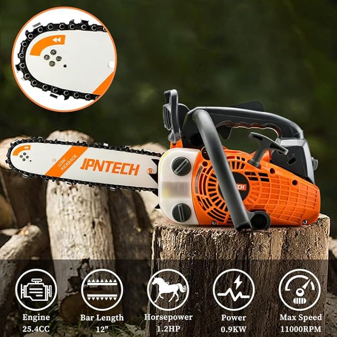 25.4cc 2-Cycle Gas Chainsaw 12 Inch Top Handle Chainsaw Petrol Handheld Cordless Portable Gas Powered Chain Saw for Tree Cutting Wood Logging