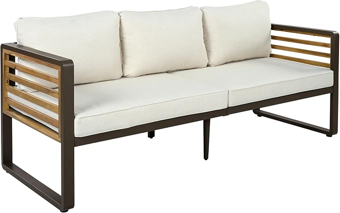 Large 4-Piece Outdoor Patio Sofa Set for 5 People,Garden Conversation Set with Removable Cushions,Metal & Wood Frame,Acacia Wood Tabletop,Modern Minimalist Design,Waterproof and UV-Proof, Beige Brown