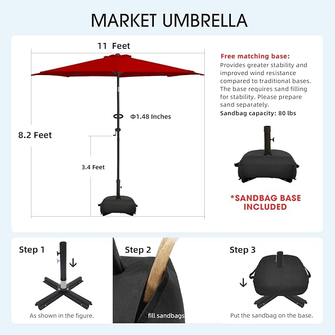 wikiwiki 11FT Patio Umbrella with Base, Outdoor Umbrellas with Base Included, 8 Sturdy Ribs, Waterproof Fade Resistant POLYESTER DTY Canopy for Deck, Lawn, Garden, Backyard & Pool, Red
