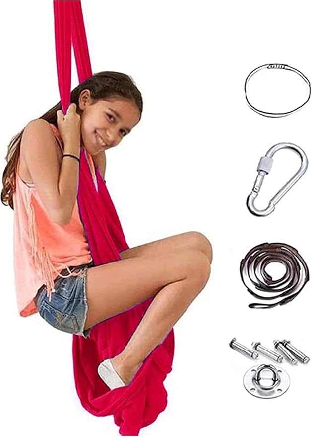 Indoor Sensory Swing Chair Adjustable Yoga Hammock Child Cuddle Swing for Kids Or Adults Autism ADHD AspergersTherapy (Color : Rose red, Size : 150 x 280 cm)