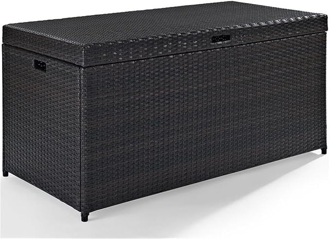 Pemberly Row Outdoor Storage Bin, 52 in x 25 in x 24.5 in, PE Wicker/Rattan and Steel, Brown Finish, UV-Resistant, Pneumatic Hinges, All-Weather Design, Ideal for Cushions and Garden Essentials
