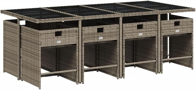 9-Piece Patio Dining Set with Cushions Gray Poly Rattan Outdoor Furniture Set for Backyard Garden Balcony Porch