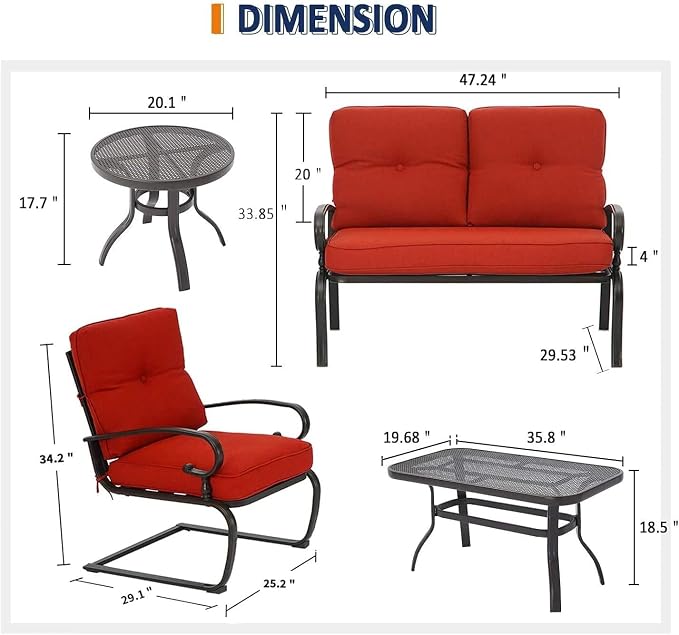 8 Pcs (6 Seats) Metal Outdoor Patio Furniture Conversation Sets, 4 Spring Chair, Loveseat and 3 Coffee Table, with Cushions (Red)