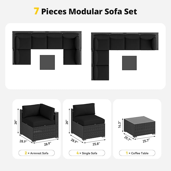 Aoxun Patio Furniture Set with Umbrella, 8 Piece Outdoor Sectional Sofas, Wicker Rattan Outdoor Furniture with Thickened Cushion for Backyard, Garden Black