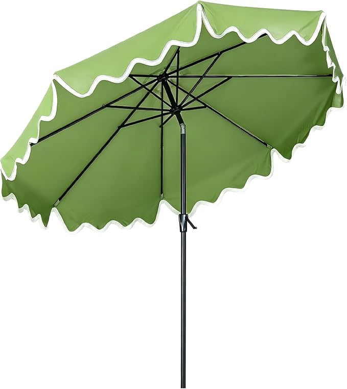 Tempera 9FT Scalloped Tassel Patio Umbrella, Outdoor Market Umbrellas with 8 Sturdy Ribs with Crank & Pust Button Tilt,Fade Resistant Canopy