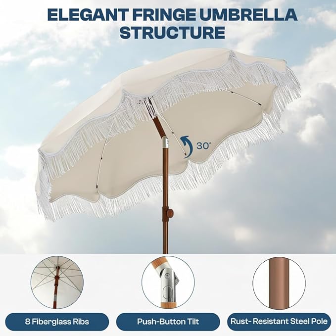 7ft Patio Umbrella with Fringe, Boho Beach Umbrellas, Outdoor Tassels Umbrellas with Push Button Tilt & Carrying Bag, 8 Windproof Fiberglass Ribs, UPF50+