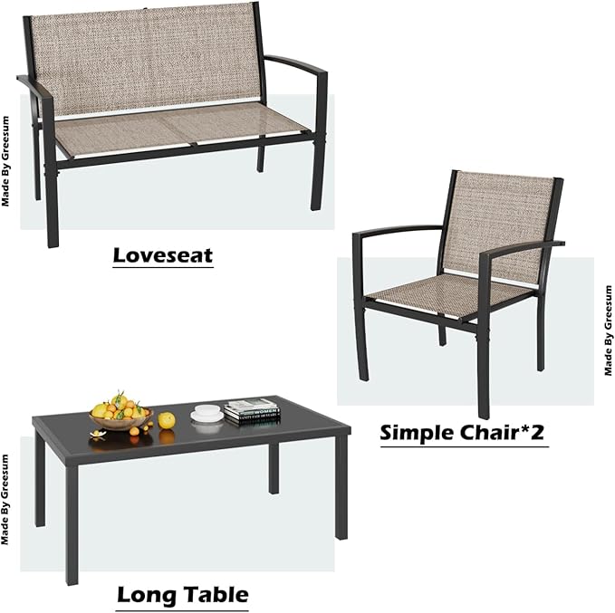 Greesum 4 Pieces Patio Furniture Set, Outdoor Conversation Sets for Patio, Lawn, Garden, Poolside with A Glass Coffee Table, Brown