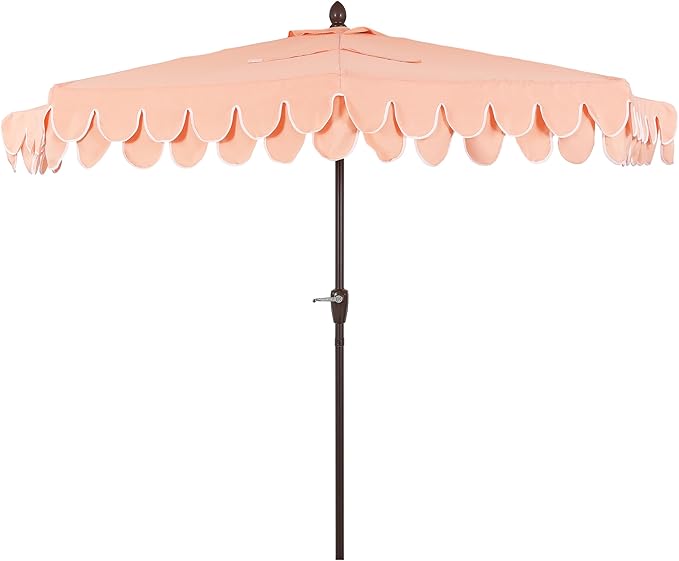 JONATHAN Y Terrace Scalloped 9 ft. Half Round Patio Umbrella with Crank Lift and Tilt, Coastal Semicircle Market Wall Umbrella for Balcony, Coral Pink/White, Dark Brown Pole UMB1202E