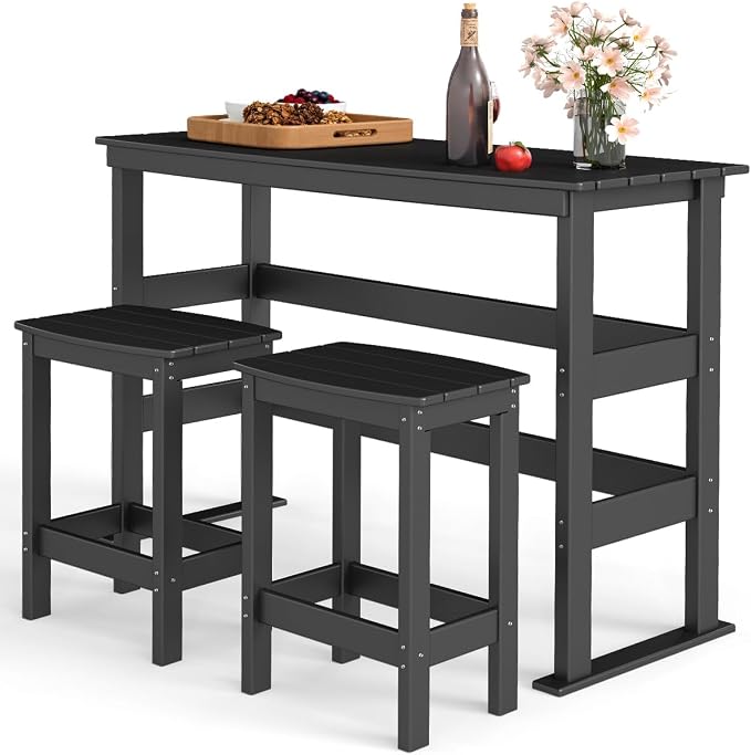 GREENVINES Outdoor-Bar-Set | HDPE Plastic | 3-Piece | 37″ Counter Height Patio Table & 2 Backless Stools | Rectangle | High Top | All Weather | for Backyard Balcony Poolside | Black