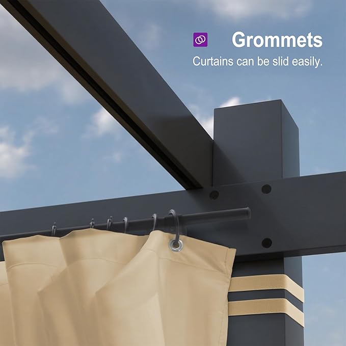 PURPLE LEAF 10' X 13' Outdoor Pergola with 4-Sided Curtains Retractable Canopy Patio Aluminum Sun Shade for Garden Deck Porch Gazebo Pavilion Grill Modern Yard Grape Trellis Pergola Beige