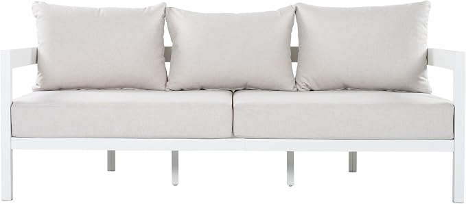 Christopher Knight Home Lula 5-Seater Patio Furniture Set with Coffee Table, 4 Piece Outdoor Conversation Set with Cushion, Aluminum Outdoor Sectional Sofa Set, White+Beige