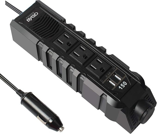 BYGD 150W Car Power Inverter for Vehicles, DC 12V to 110V AC Car Plug Adapter Outlet Converter with 1 Cigarette Lighter Socket, 3 AC Outlets, Dual 4.8A Fast Charging USB Ports for Digital Devices