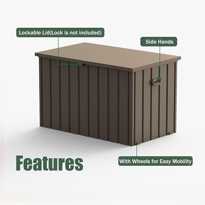 Domi Deck Box 160 Gallon, Waterproof Lockable Steel Outdoor Storage Container for Outside Cushions, Garden Tools and Pools Equipment, Brown